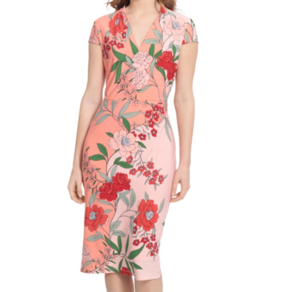 NWT London Times Floral Print Cap Sleeve Sheath Dress In Pink size 10